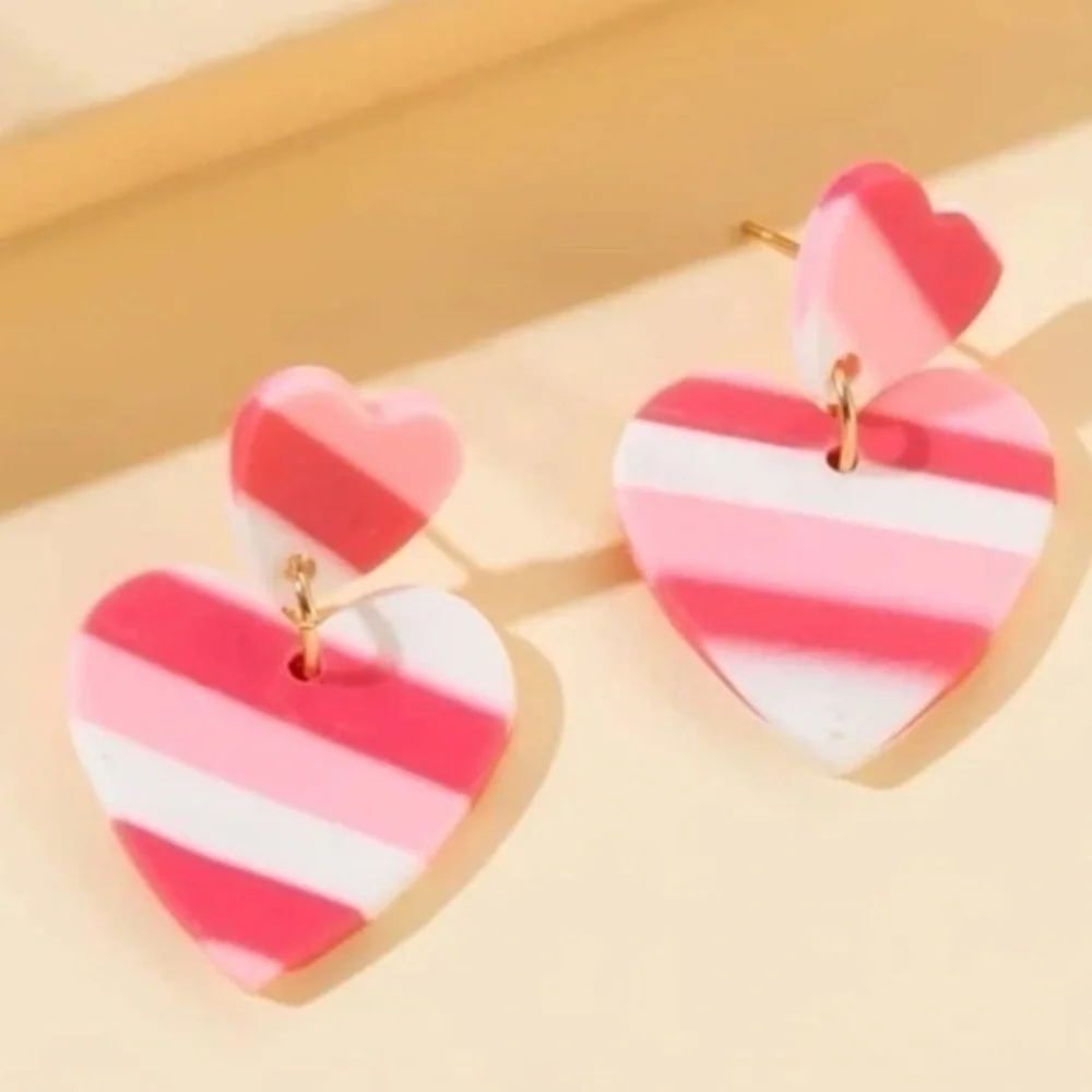 Pink Heart Dangle Earrings Striped Acrylic Coquette Valentine